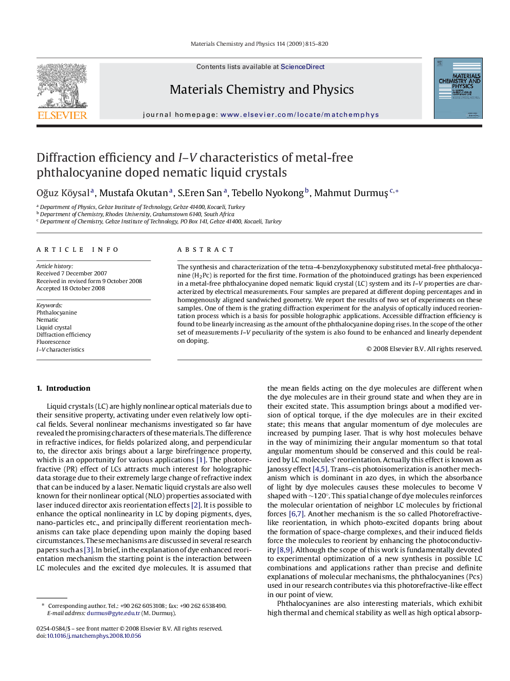 Diffraction efficiency and I-V characteristics of metal-free phthalocyanine doped nematic liquid crystals