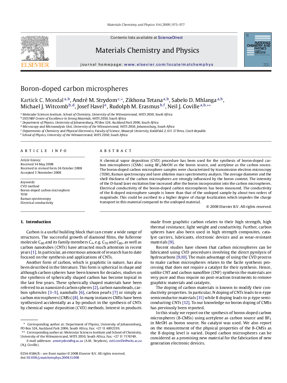 Boron-doped carbon microspheres