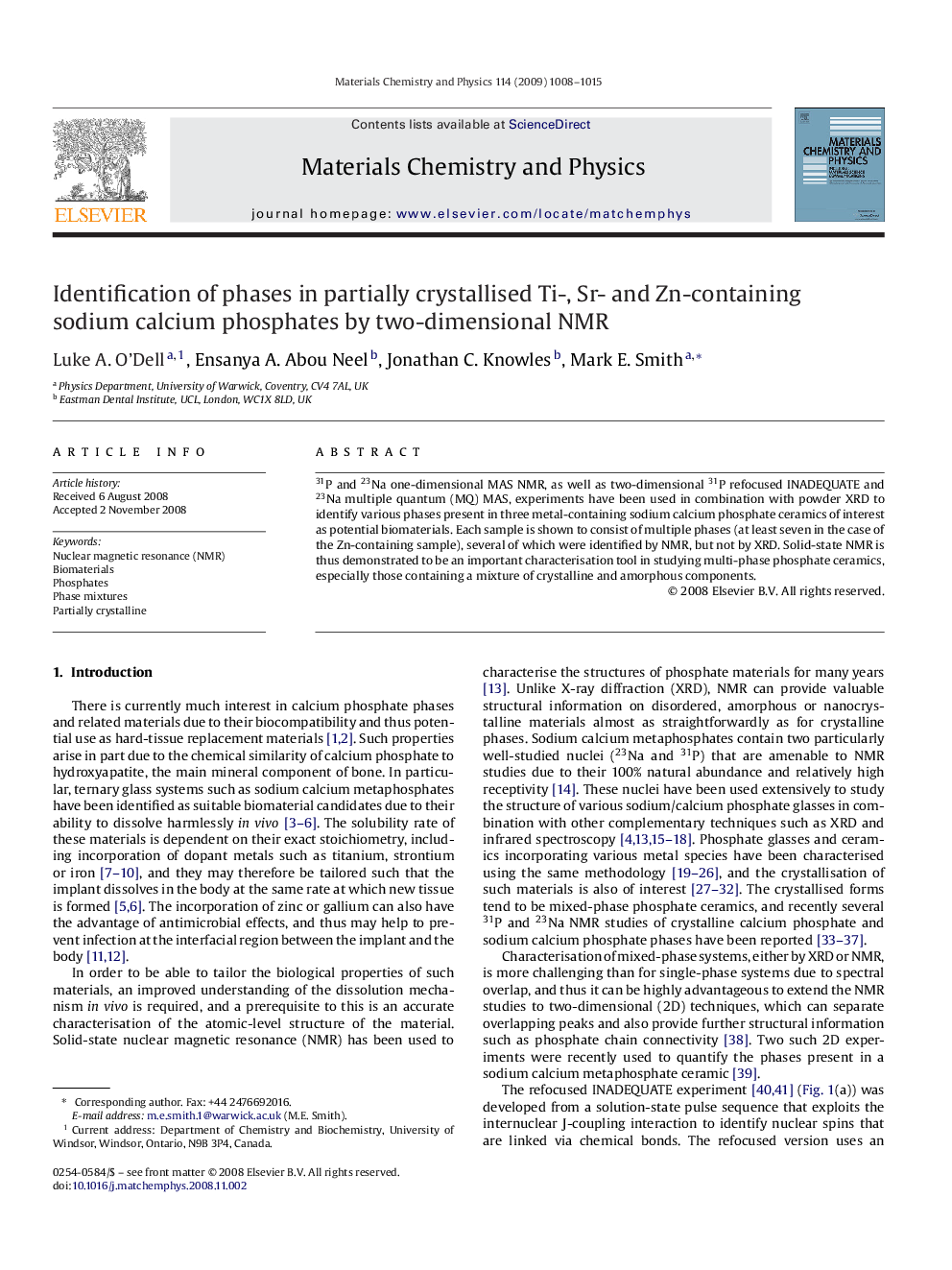 Identification of phases in partially crystallised Ti-, Sr- and Zn-containing sodium calcium phosphates by two-dimensional NMR