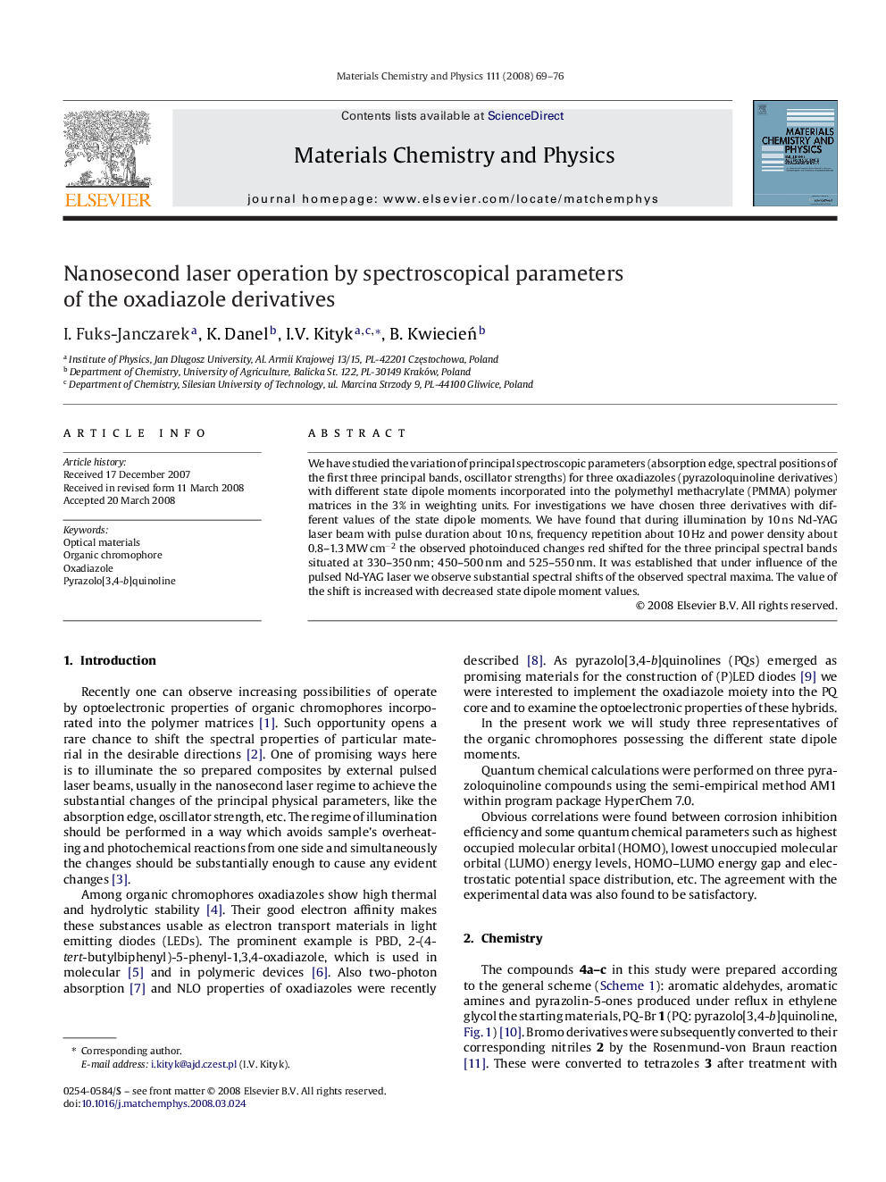 Nanosecond laser operation by spectroscopical parameters of the oxadiazole derivatives