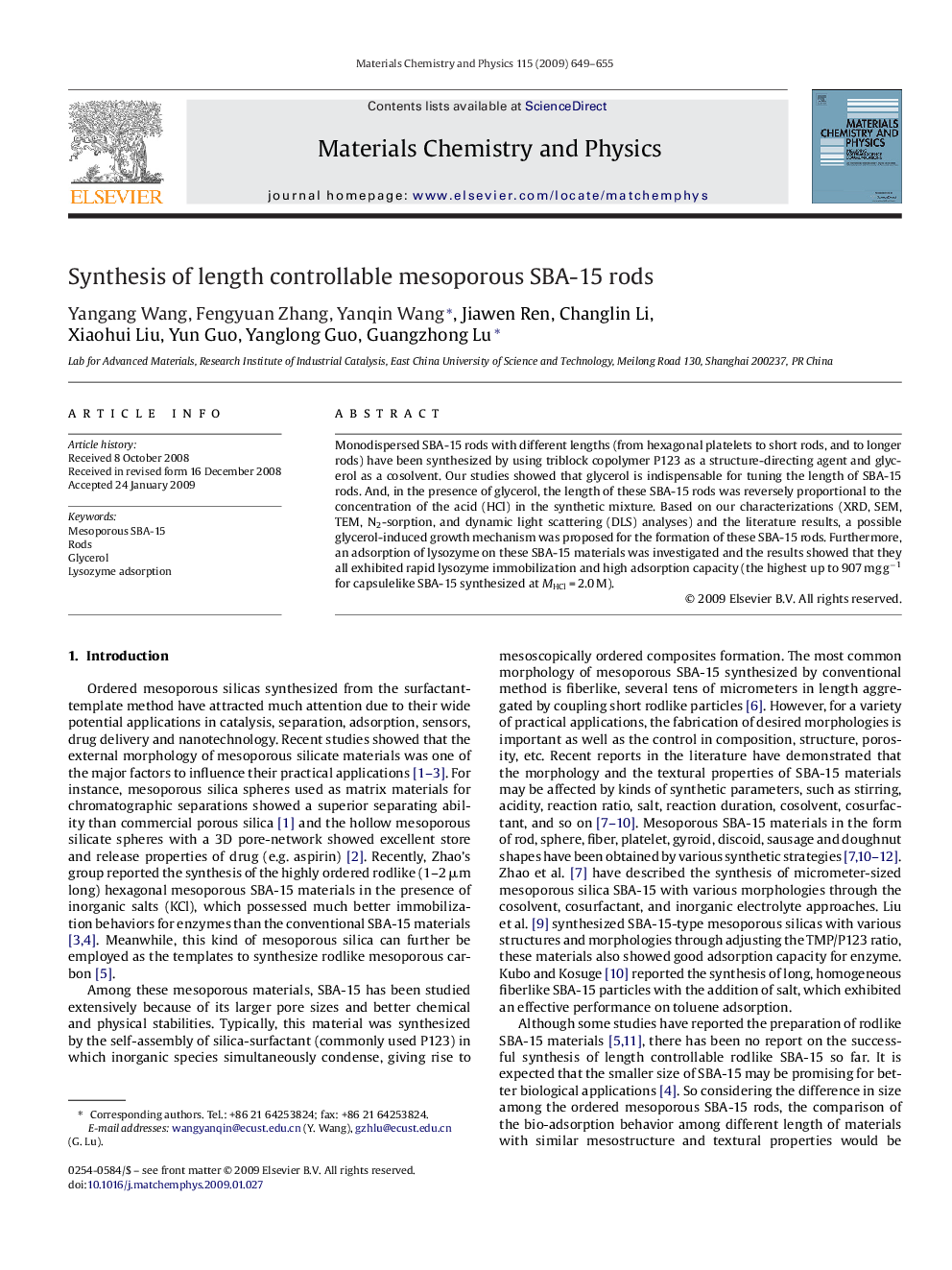 Synthesis of length controllable mesoporous SBA-15 rods