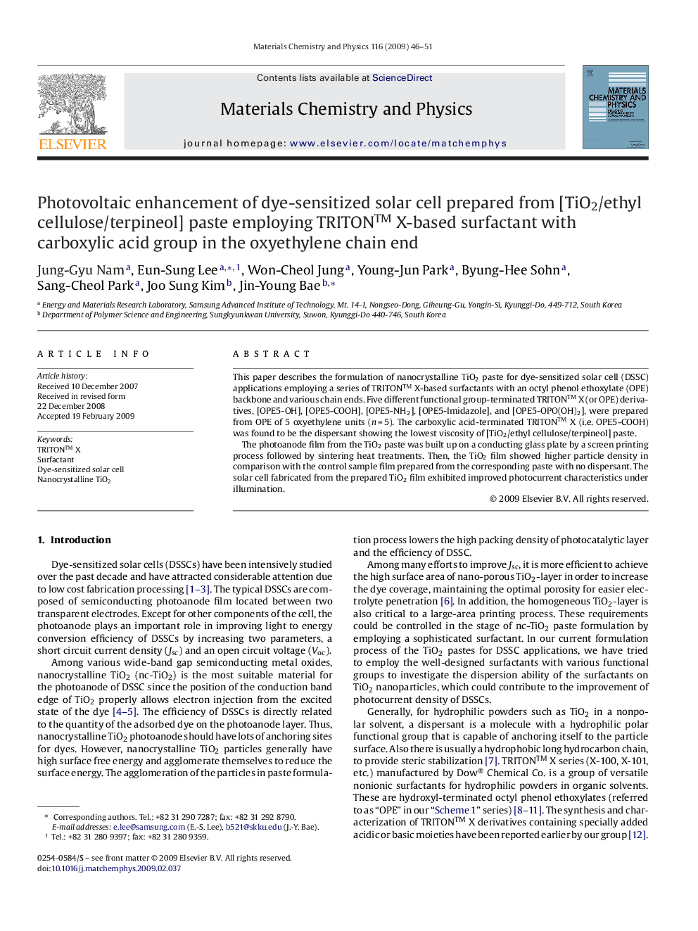 Photovoltaic enhancement of dye-sensitized solar cell prepared from [TiO2/ethyl cellulose/terpineol] paste employing TRITON™ X-based surfactant with carboxylic acid group in the oxyethylene chain end