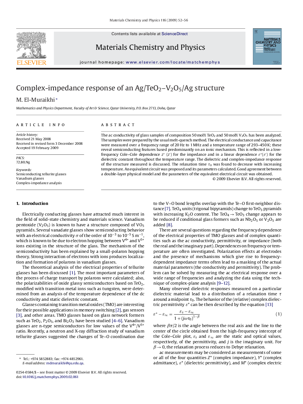 Complex-impedance response of an Ag/TeO2–V2O5/Ag structure