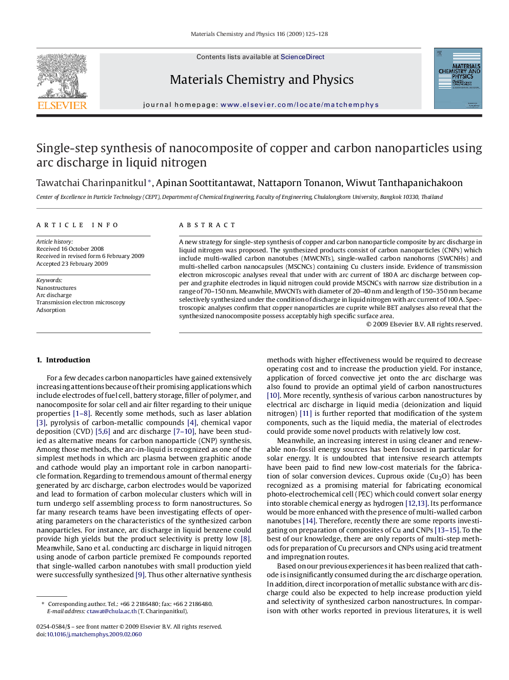 Single-step synthesis of nanocomposite of copper and carbon nanoparticles using arc discharge in liquid nitrogen