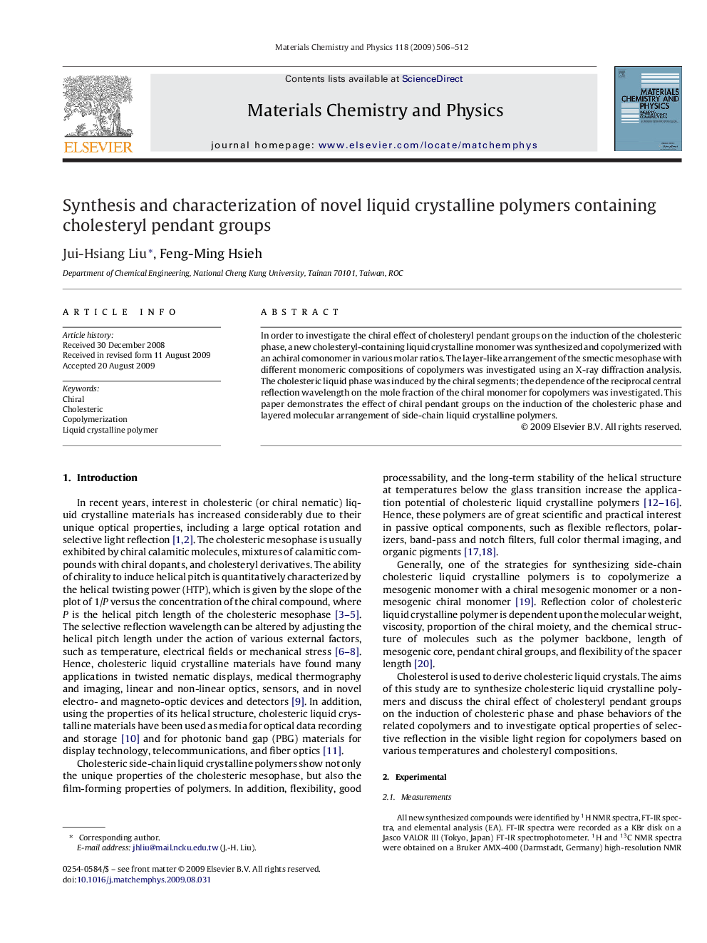 Synthesis and characterization of novel liquid crystalline polymers containing cholesteryl pendant groups