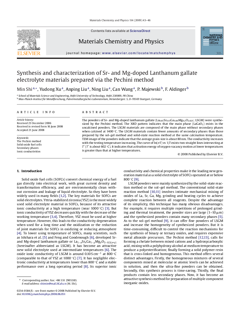 Synthesis and characterization of Sr- and Mg-doped Lanthanum gallate electrolyte materials prepared via the Pechini method