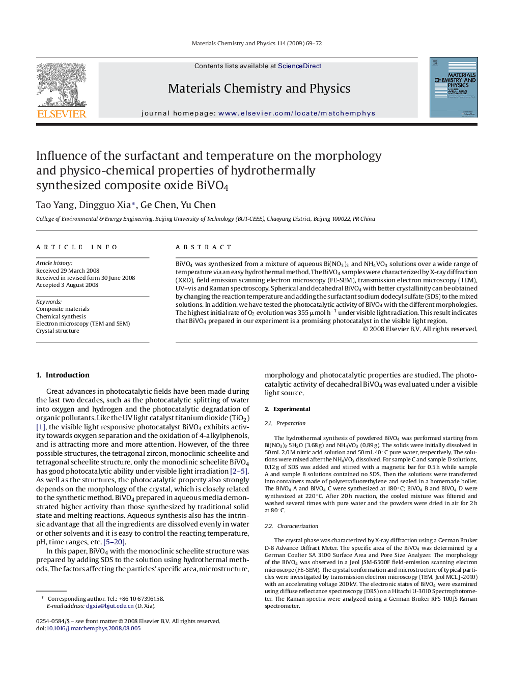 Influence of the surfactant and temperature on the morphology and physico-chemical properties of hydrothermally synthesized composite oxide BiVO4