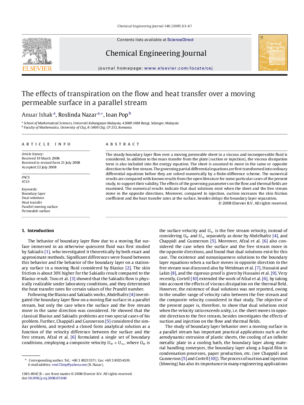 The effects of transpiration on the flow and heat transfer over a moving permeable surface in a parallel stream