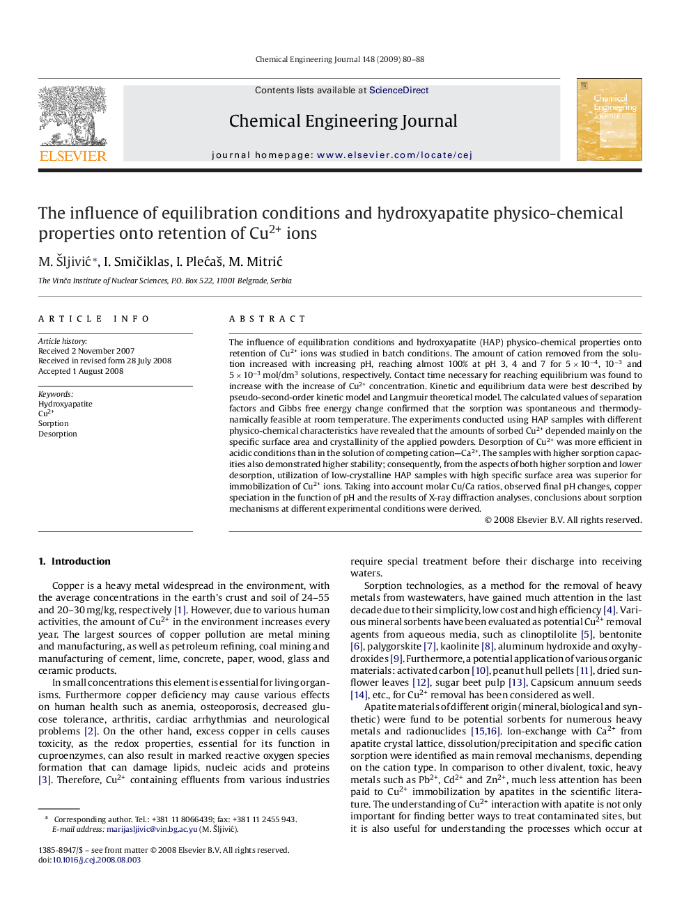 The influence of equilibration conditions and hydroxyapatite physico-chemical properties onto retention of Cu2+ ions