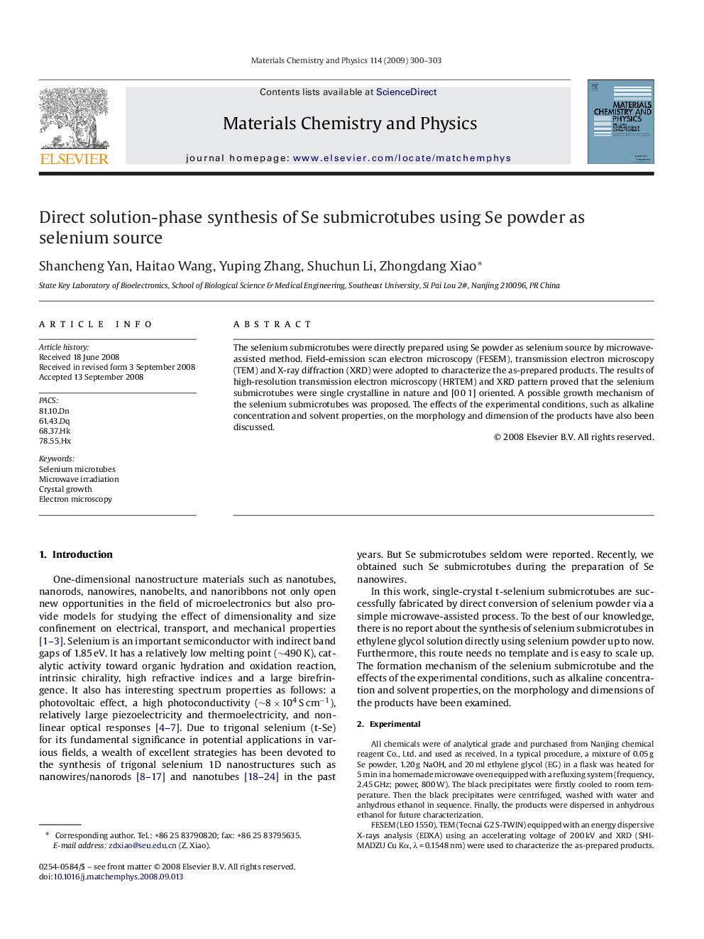 Direct solution-phase synthesis of Se submicrotubes using Se powder as selenium source