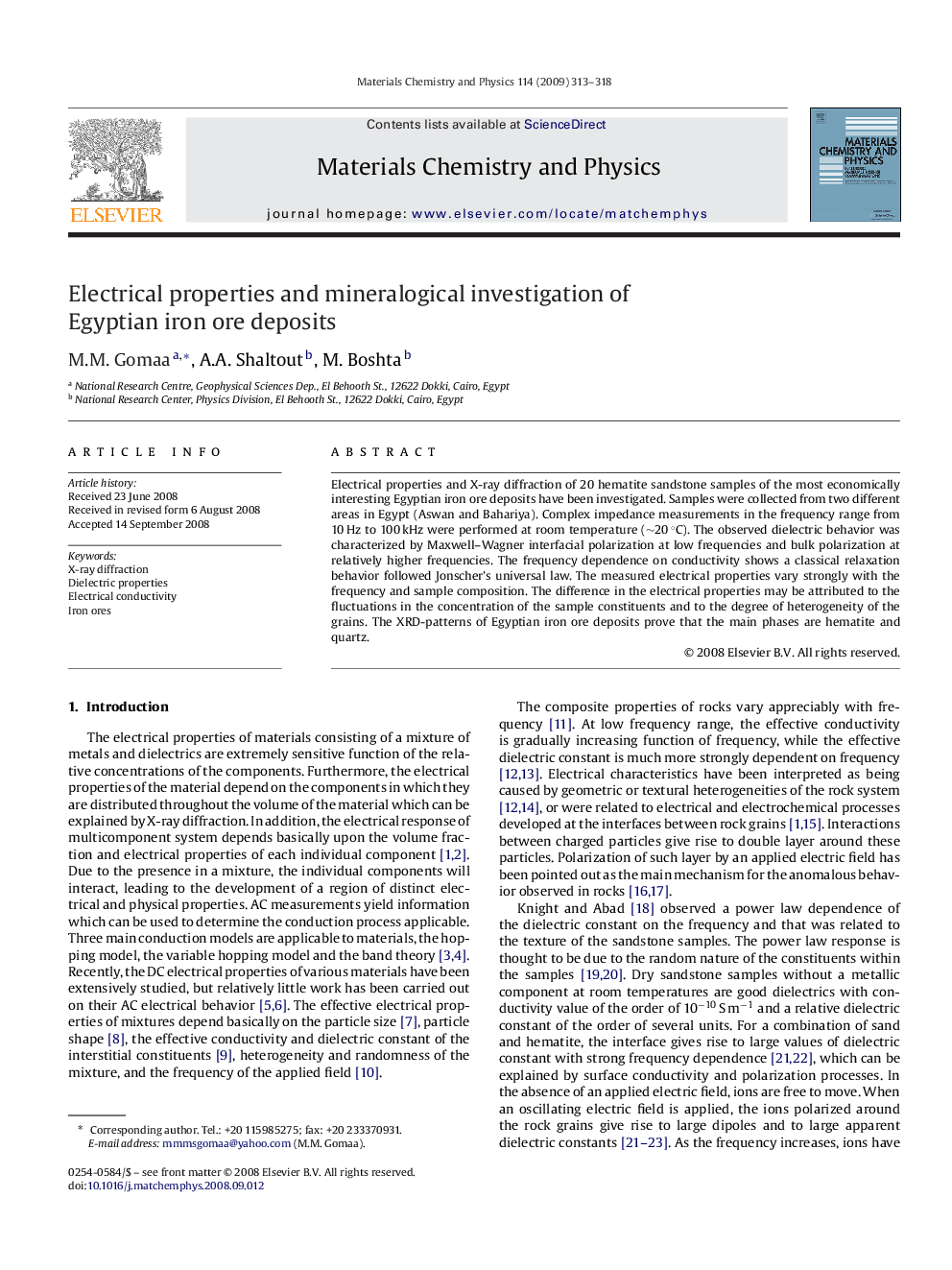 Electrical properties and mineralogical investigation of Egyptian iron ore deposits