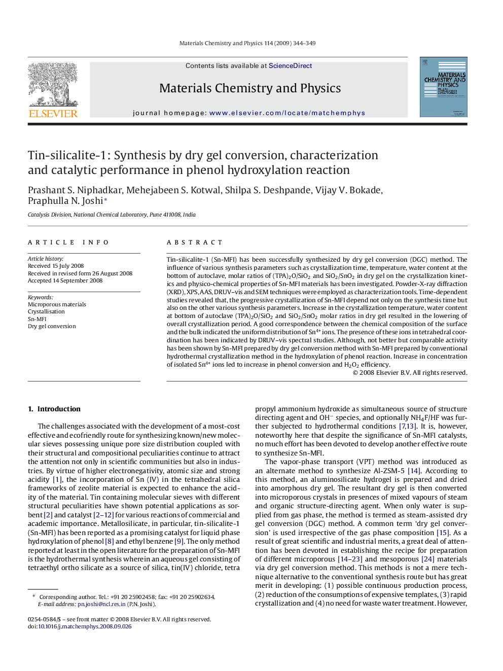 Tin-silicalite-1: Synthesis by dry gel conversion, characterization and catalytic performance in phenol hydroxylation reaction