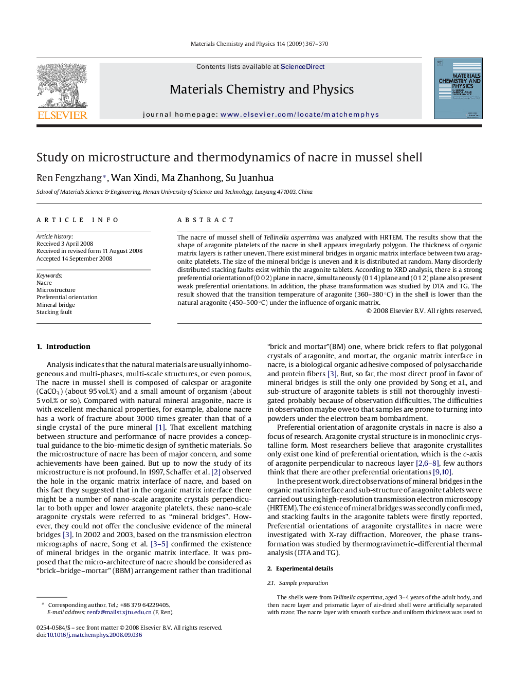 Study on microstructure and thermodynamics of nacre in mussel shell