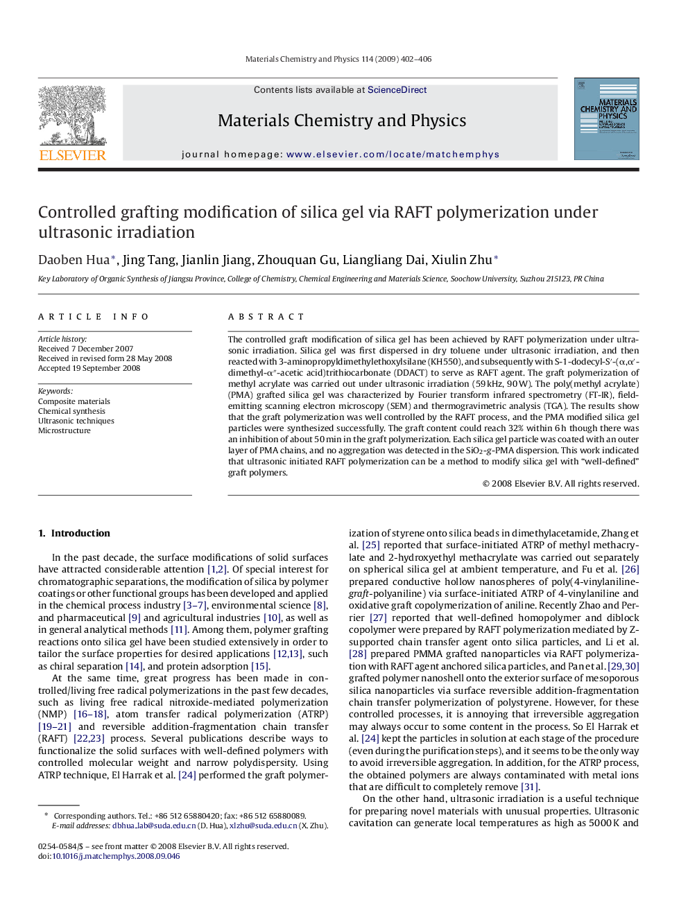 Controlled grafting modification of silica gel via RAFT polymerization under ultrasonic irradiation