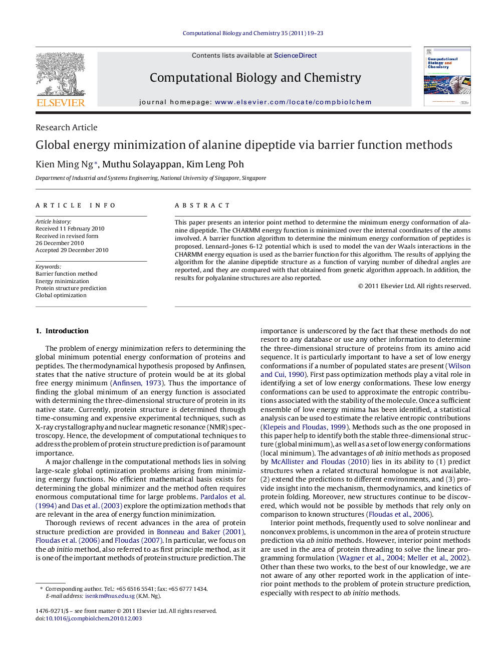 Global energy minimization of alanine dipeptide via barrier function methods