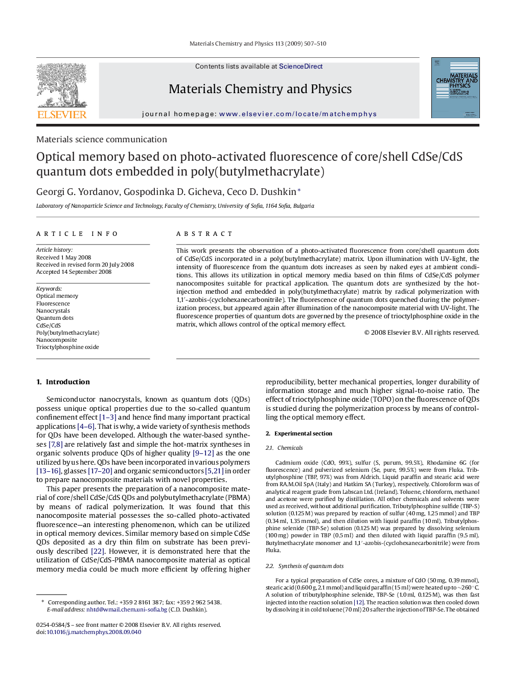 Optical memory based on photo-activated fluorescence of core/shell CdSe/CdS quantum dots embedded in poly(butylmethacrylate)