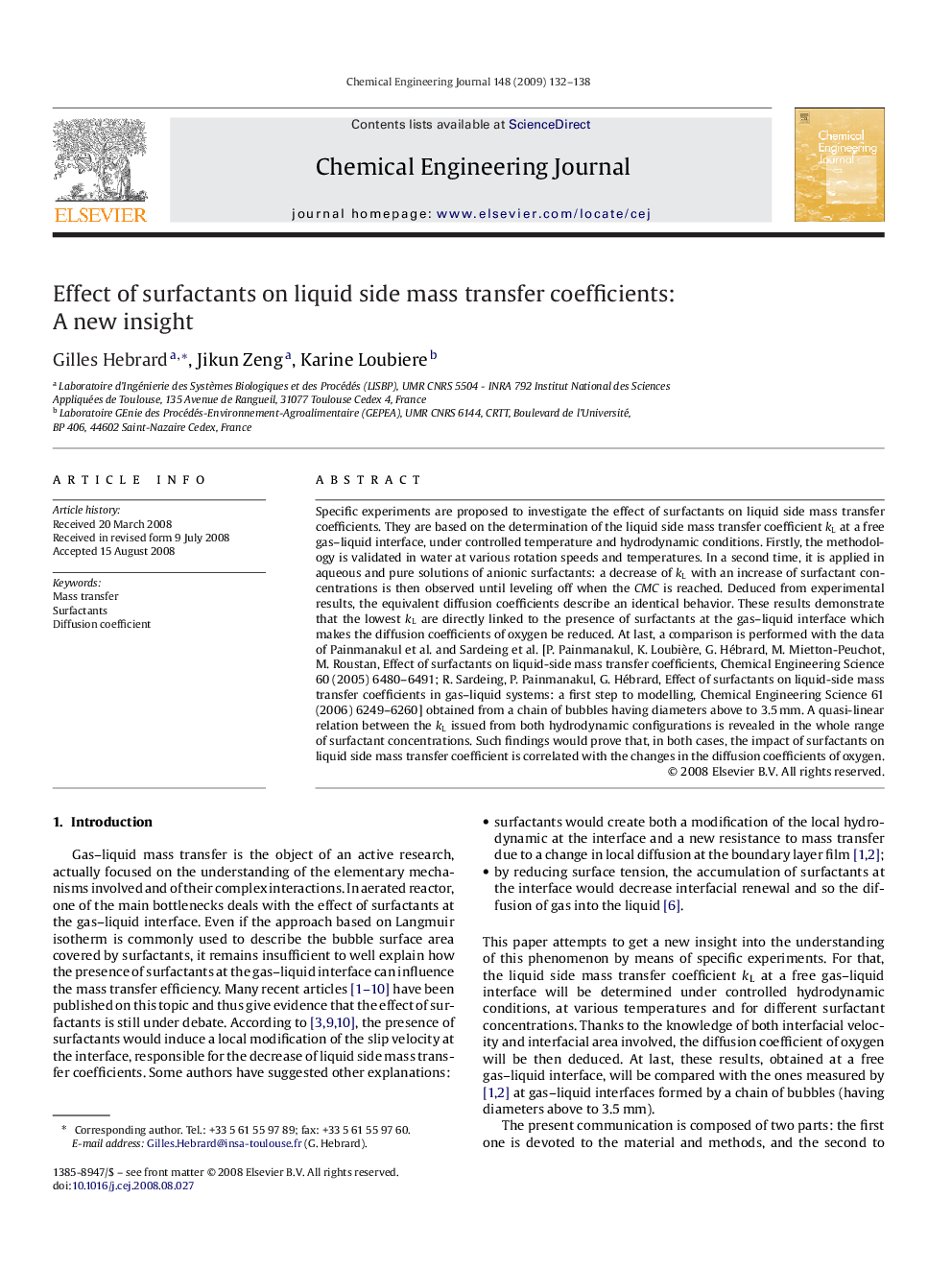 عکس صفحه اول مقاله: Effect of surfactants on liquid side mass transfer coefficients: A new insight Effect of surfactants on liquid side mass transfer coefficients: A new insight