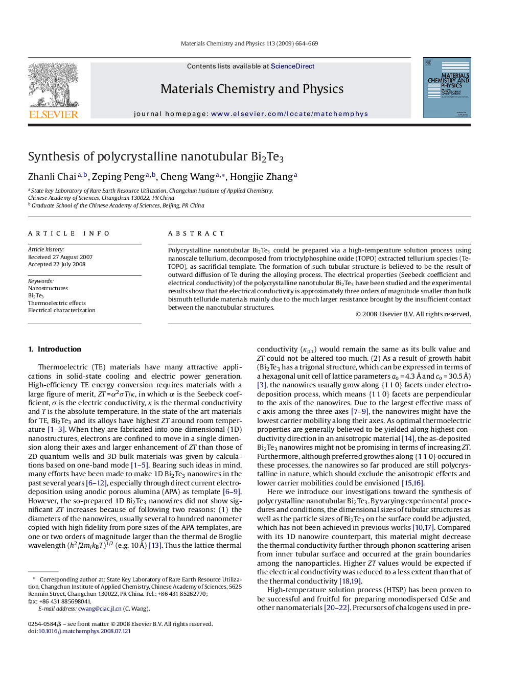 Synthesis of polycrystalline nanotubular Bi2Te3