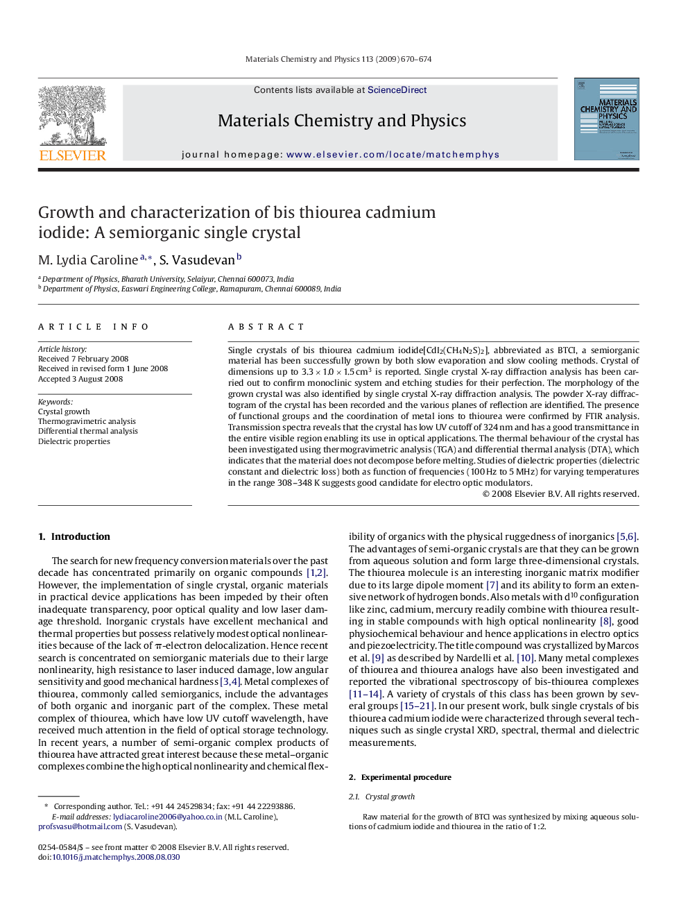 Growth and characterization of bis thiourea cadmium iodide: A semiorganic single crystal