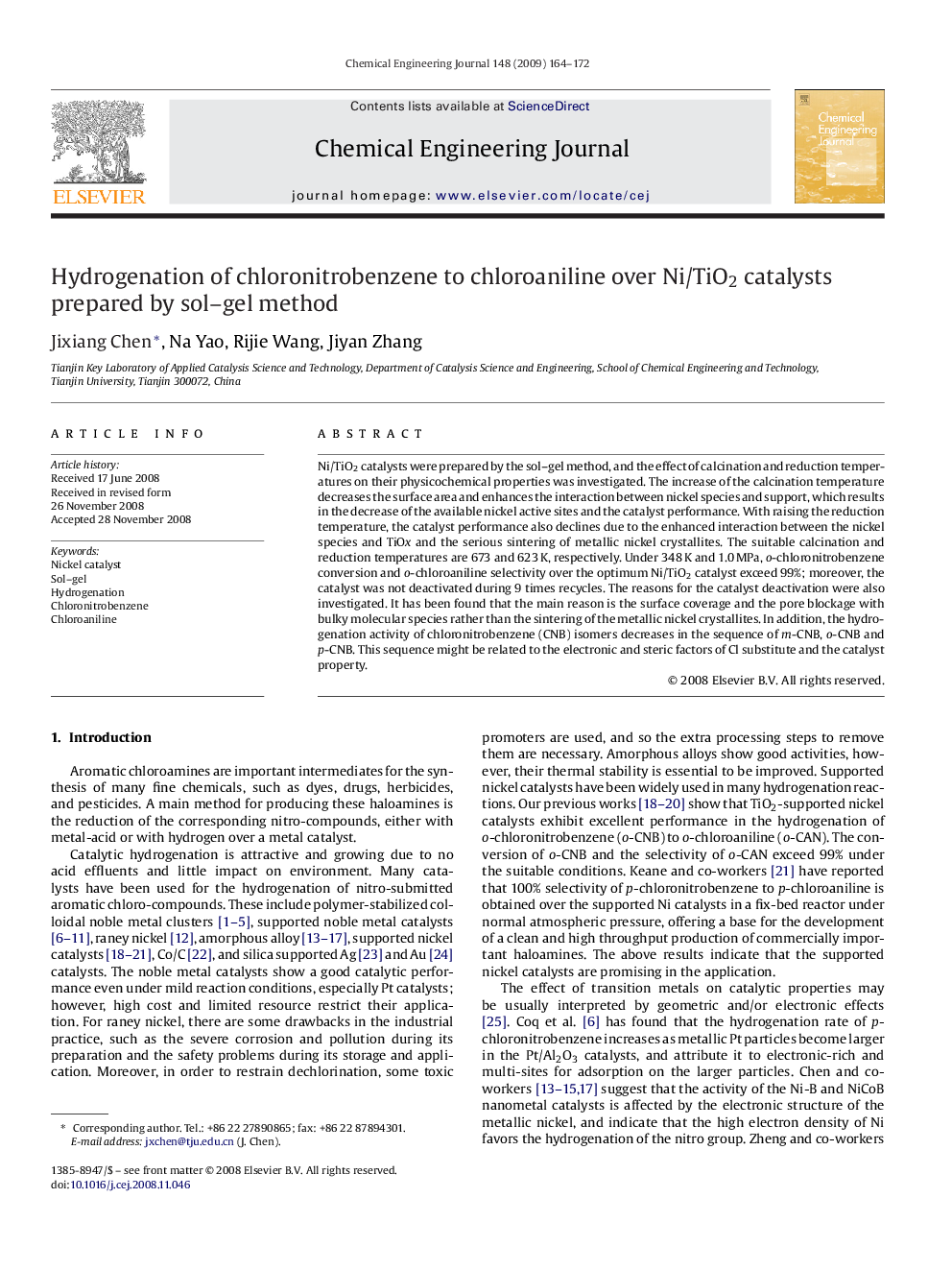 Hydrogenation of chloronitrobenzene to chloroaniline over Ni/TiO2 catalysts prepared by sol–gel method