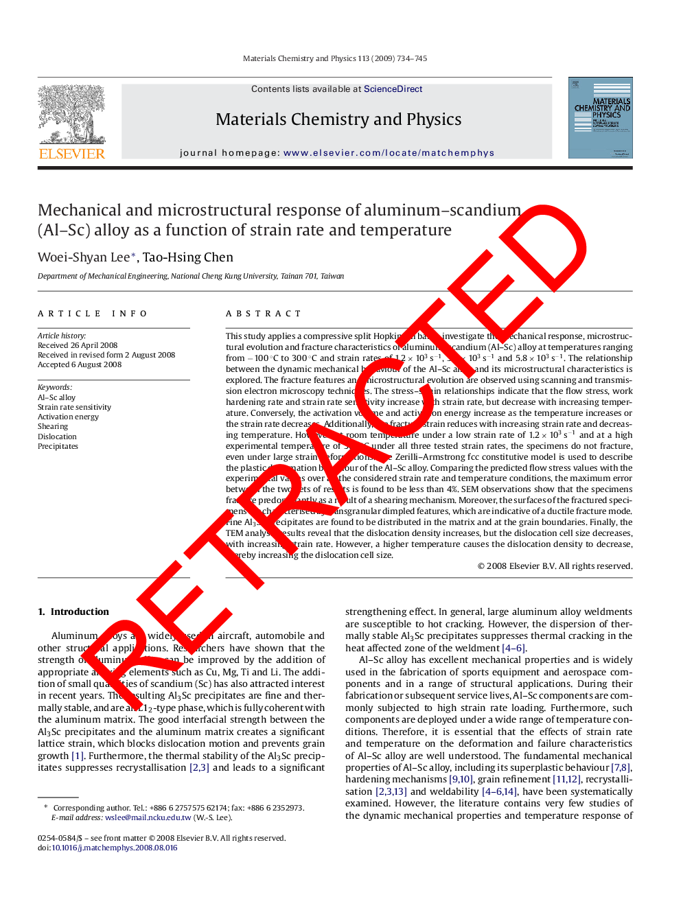 RETRACTED: Mechanical and microstructural response of aluminum–scandium (Al–Sc) alloy as a function of strain rate and temperature