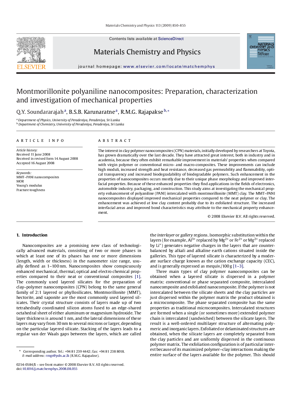 Montmorillonite polyaniline nanocomposites: Preparation, characterization and investigation of mechanical properties