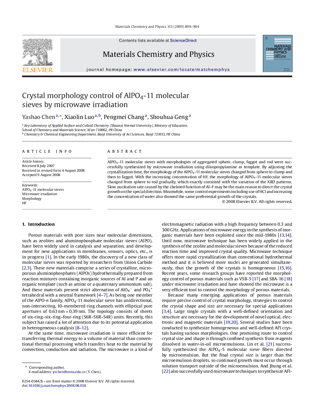 Crystal morphology control of AlPO4-11 molecular sieves by microwave irradiation