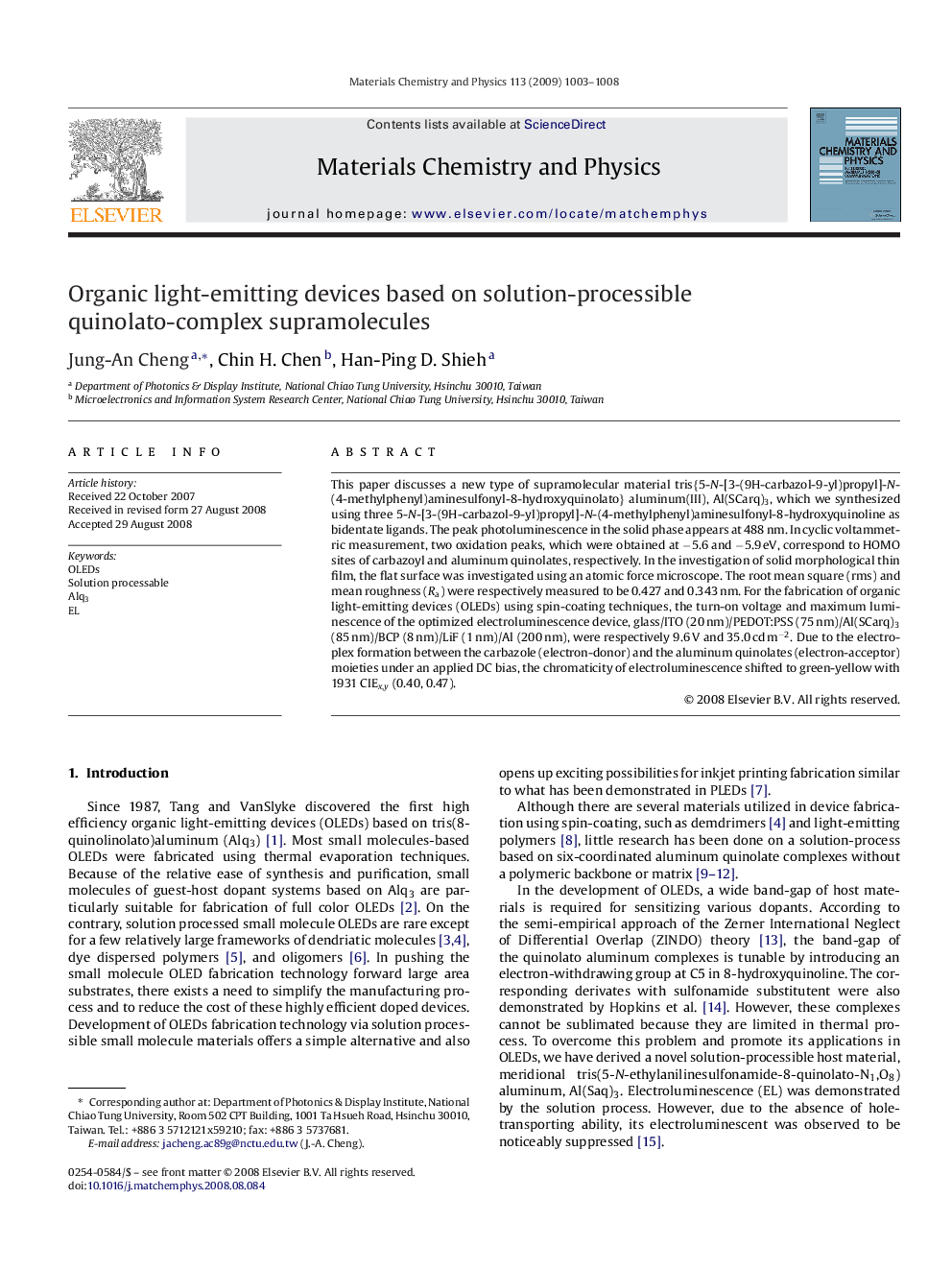 Organic light-emitting devices based on solution-processible quinolato-complex supramolecules