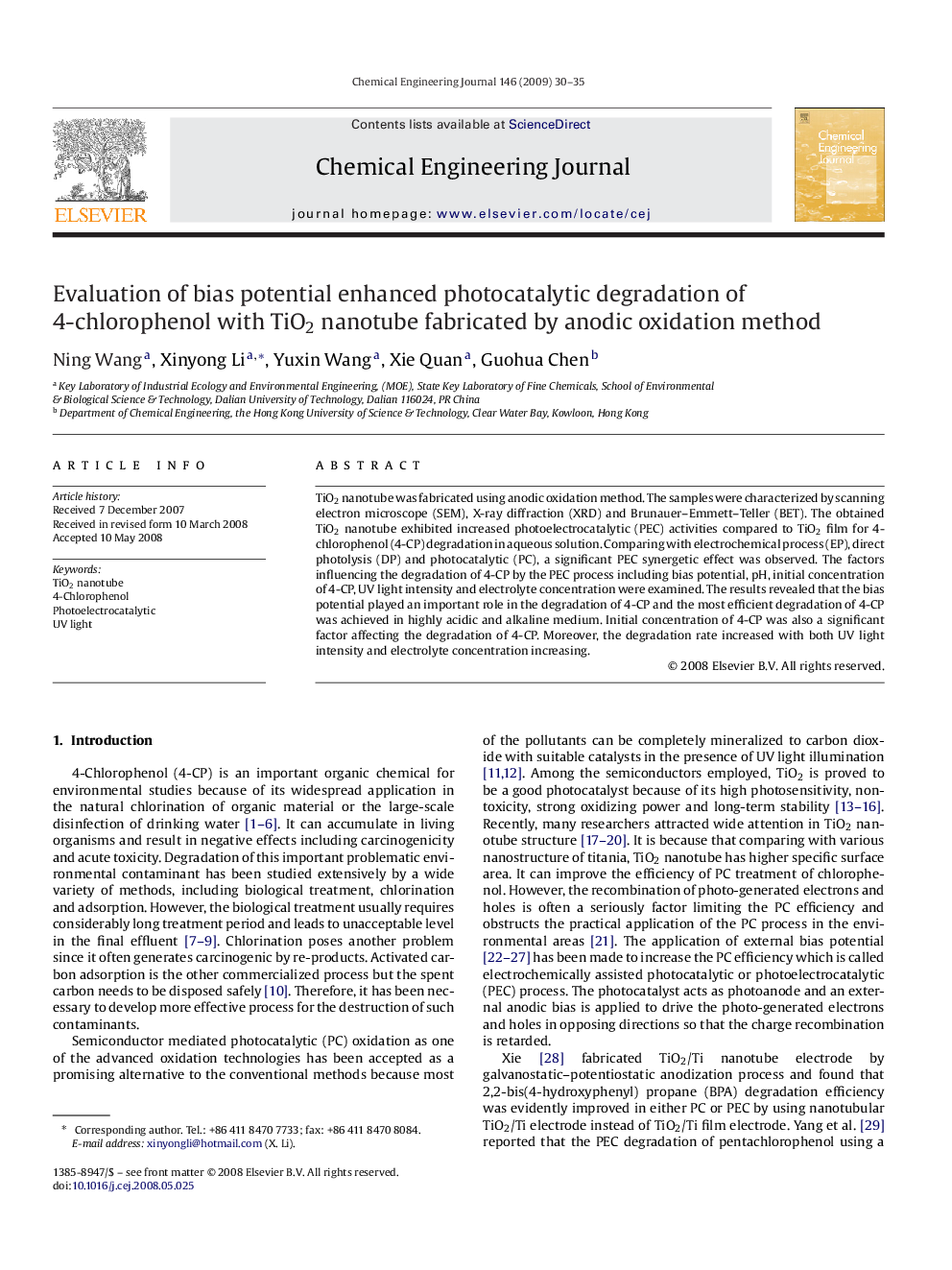 Evaluation of bias potential enhanced photocatalytic degradation of 4-chlorophenol with TiO2 nanotube fabricated by anodic oxidation method