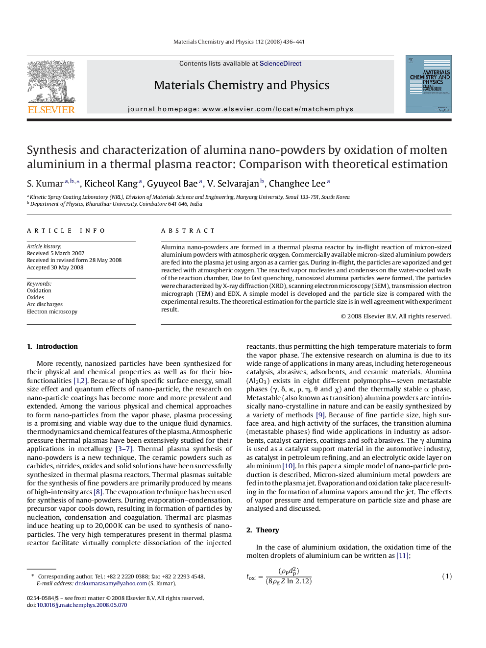 Synthesis and characterization of alumina nano-powders by oxidation of molten aluminium in a thermal plasma reactor: Comparison with theoretical estimation