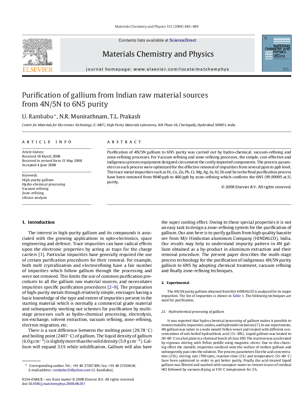 Purification of gallium from Indian raw material sources from 4N/5N to 6N5 purity