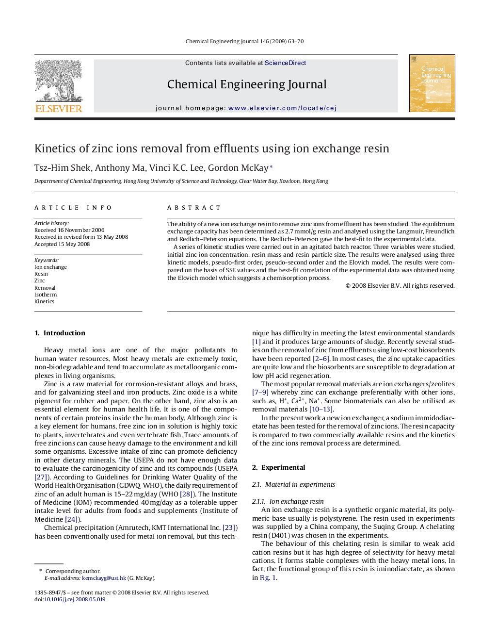 Kinetics of zinc ions removal from effluents using ion exchange resin