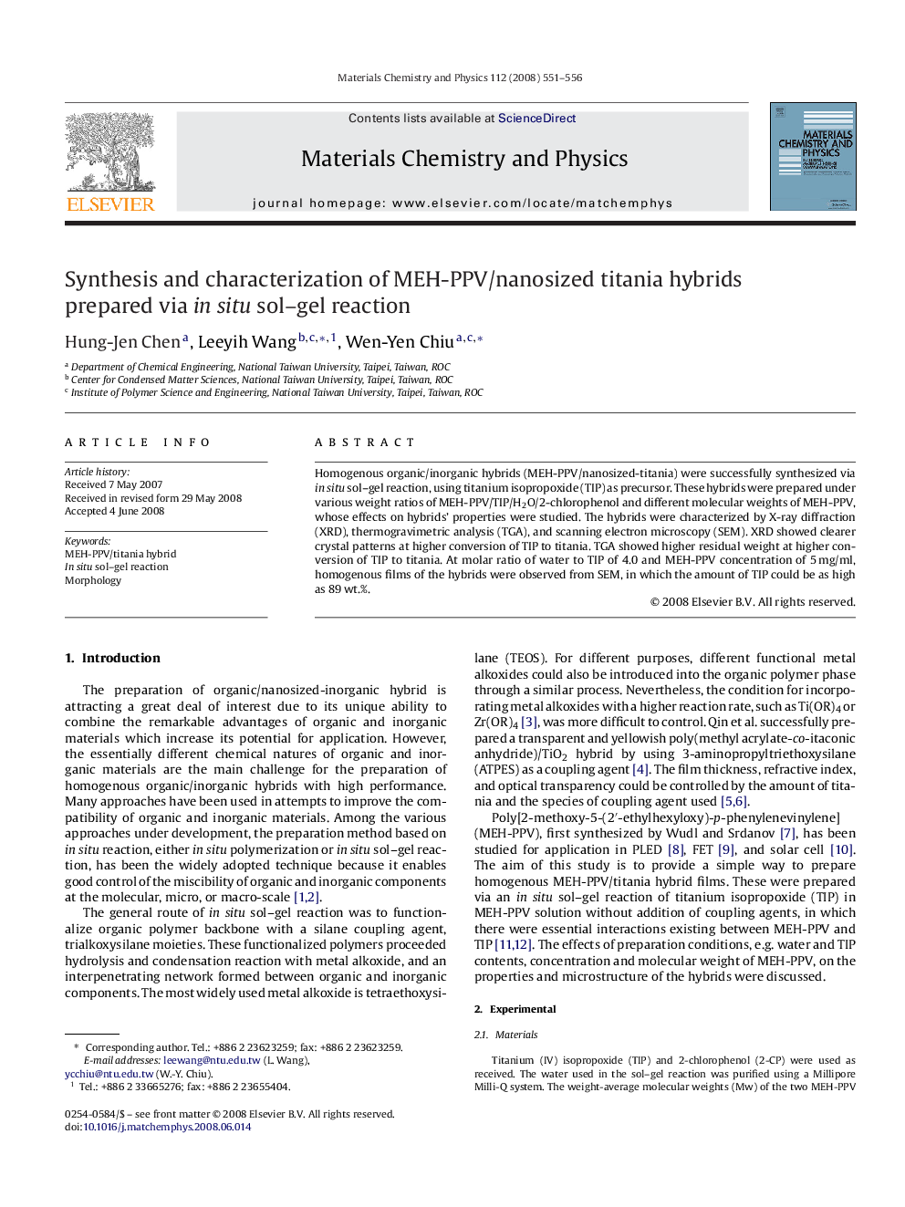 Synthesis and characterization of MEH-PPV/nanosized titania hybrids prepared via in situ sol–gel reaction