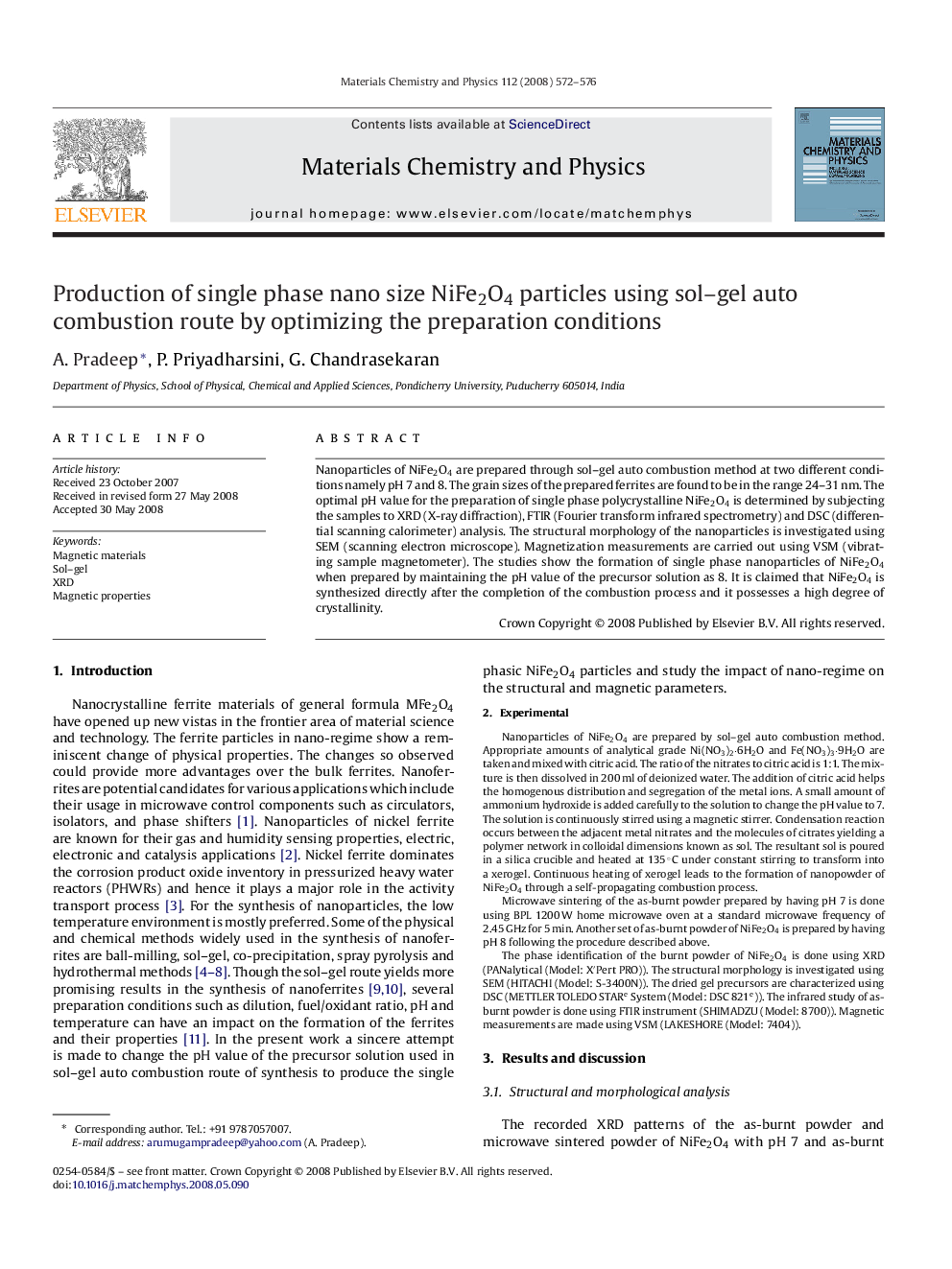 Production of single phase nano size NiFe2O4 particles using sol–gel auto combustion route by optimizing the preparation conditions