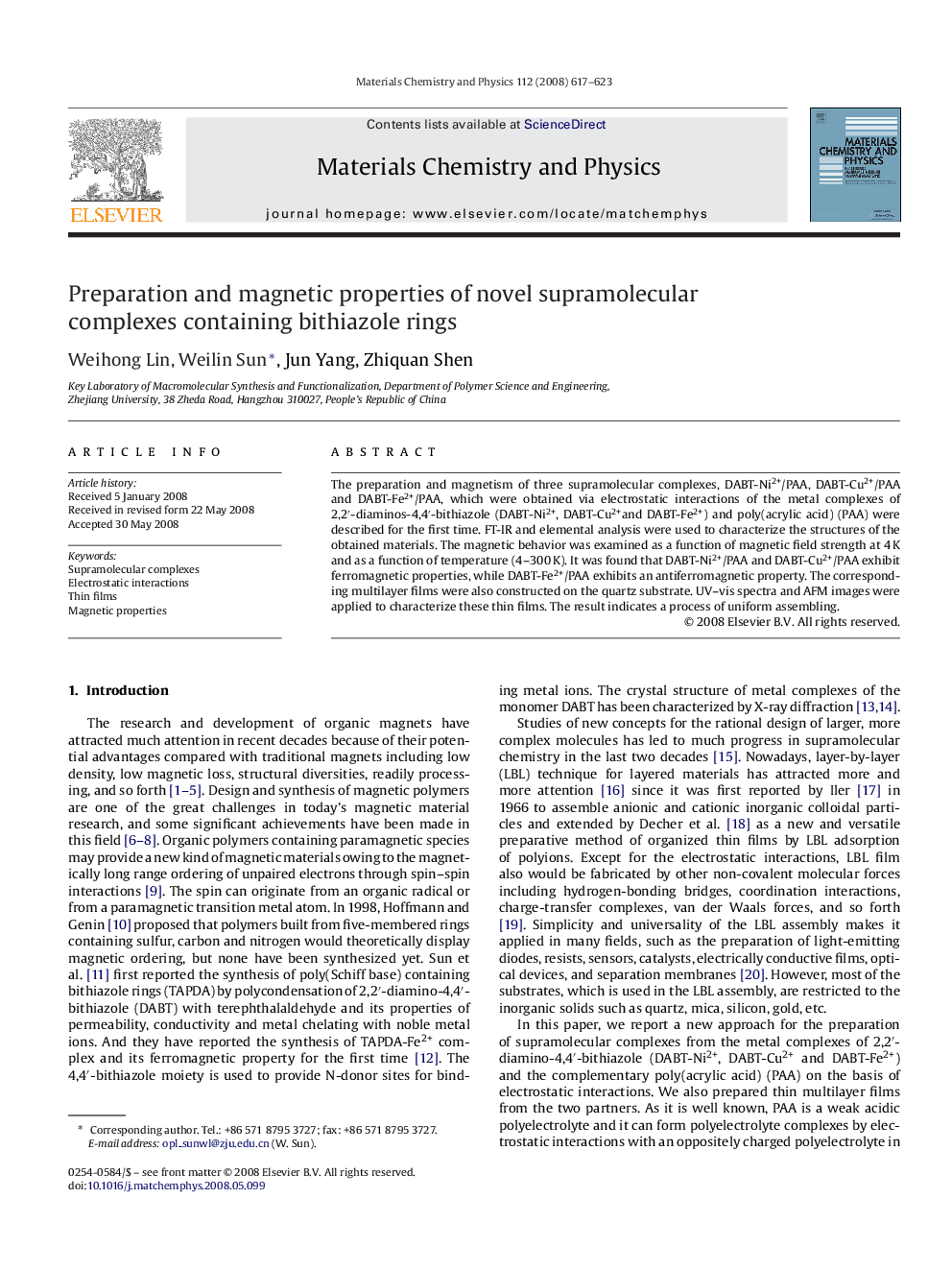 Preparation and magnetic properties of novel supramolecular complexes containing bithiazole rings