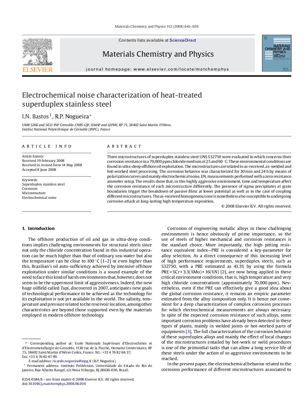 Electrochemical noise characterization of heat-treated superduplex stainless steel