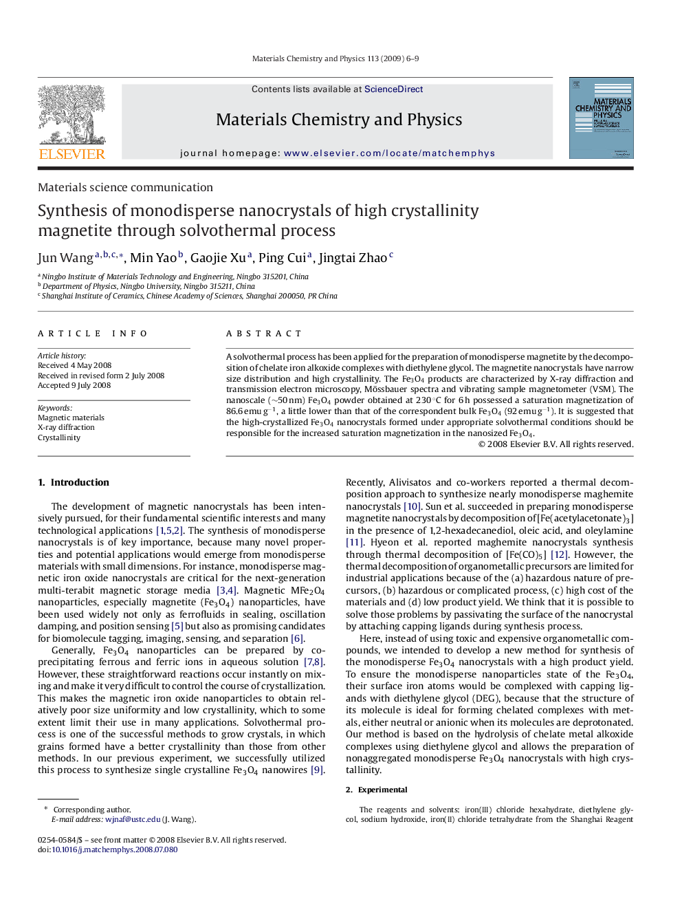 Synthesis of monodisperse nanocrystals of high crystallinity magnetite through solvothermal process
