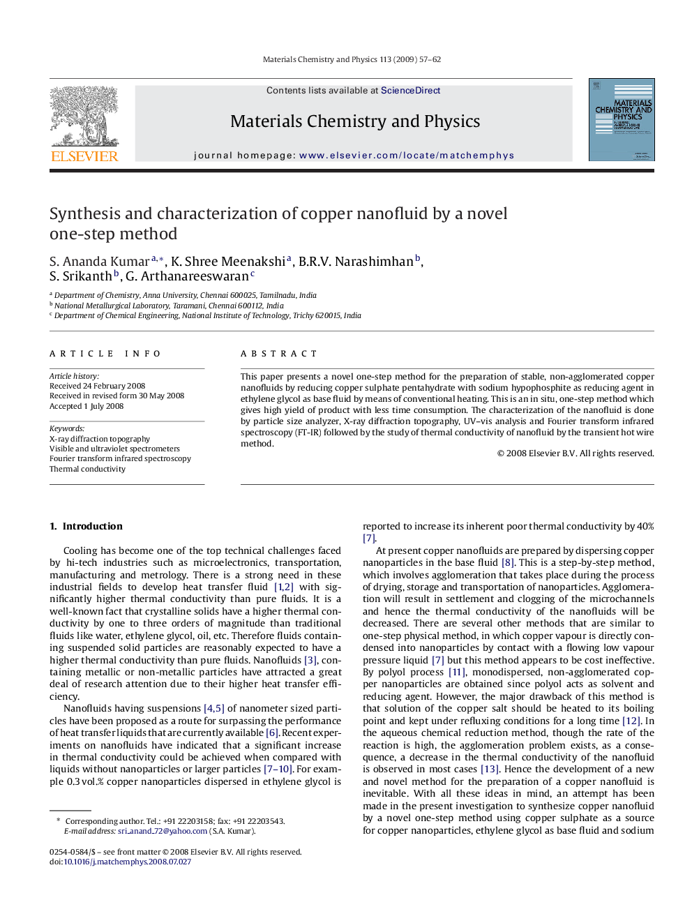 Synthesis and characterization of copper nanofluid by a novel one-step method