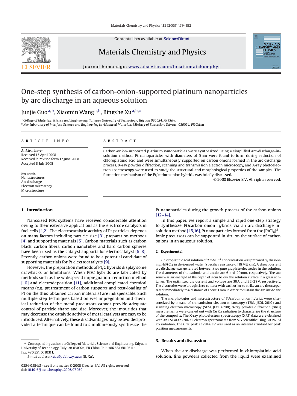 One-step synthesis of carbon-onion-supported platinum nanoparticles by arc discharge in an aqueous solution