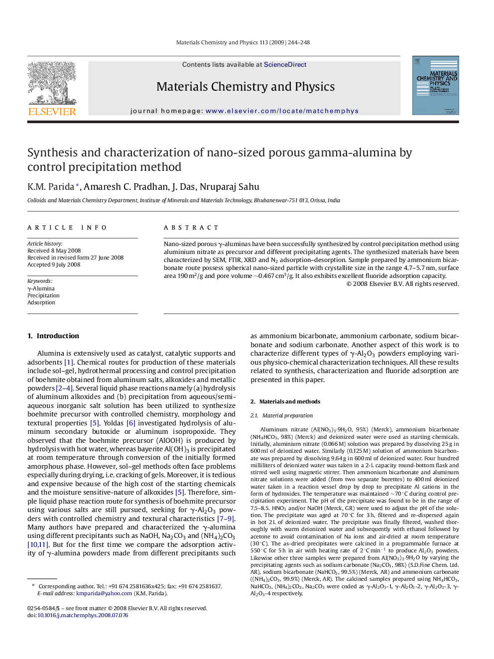Synthesis and characterization of nano-sized porous gamma-alumina by control precipitation method