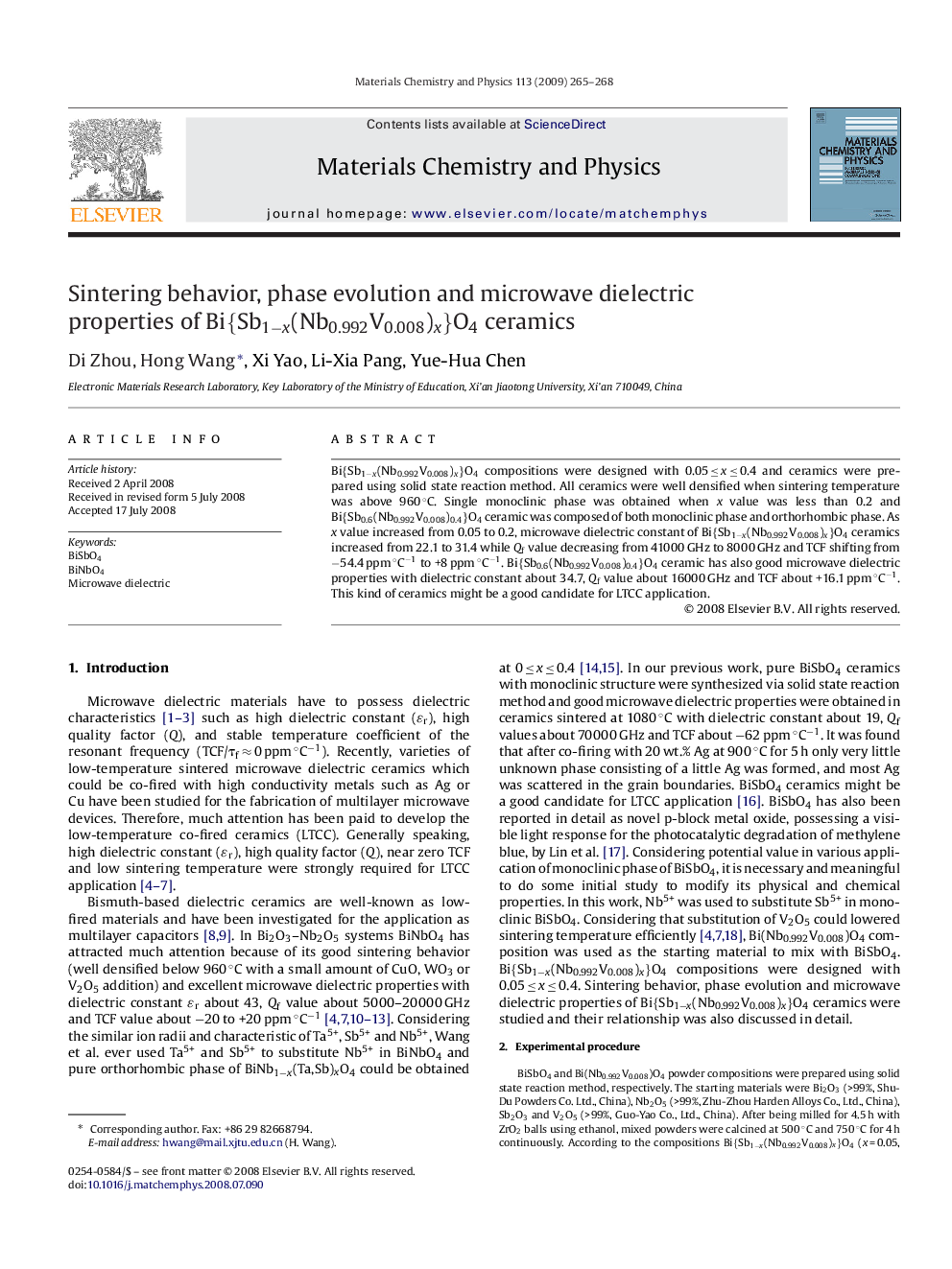 Sintering behavior, phase evolution and microwave dielectric properties of Bi{Sb1âx(Nb0.992V0.008)x}O4 ceramics