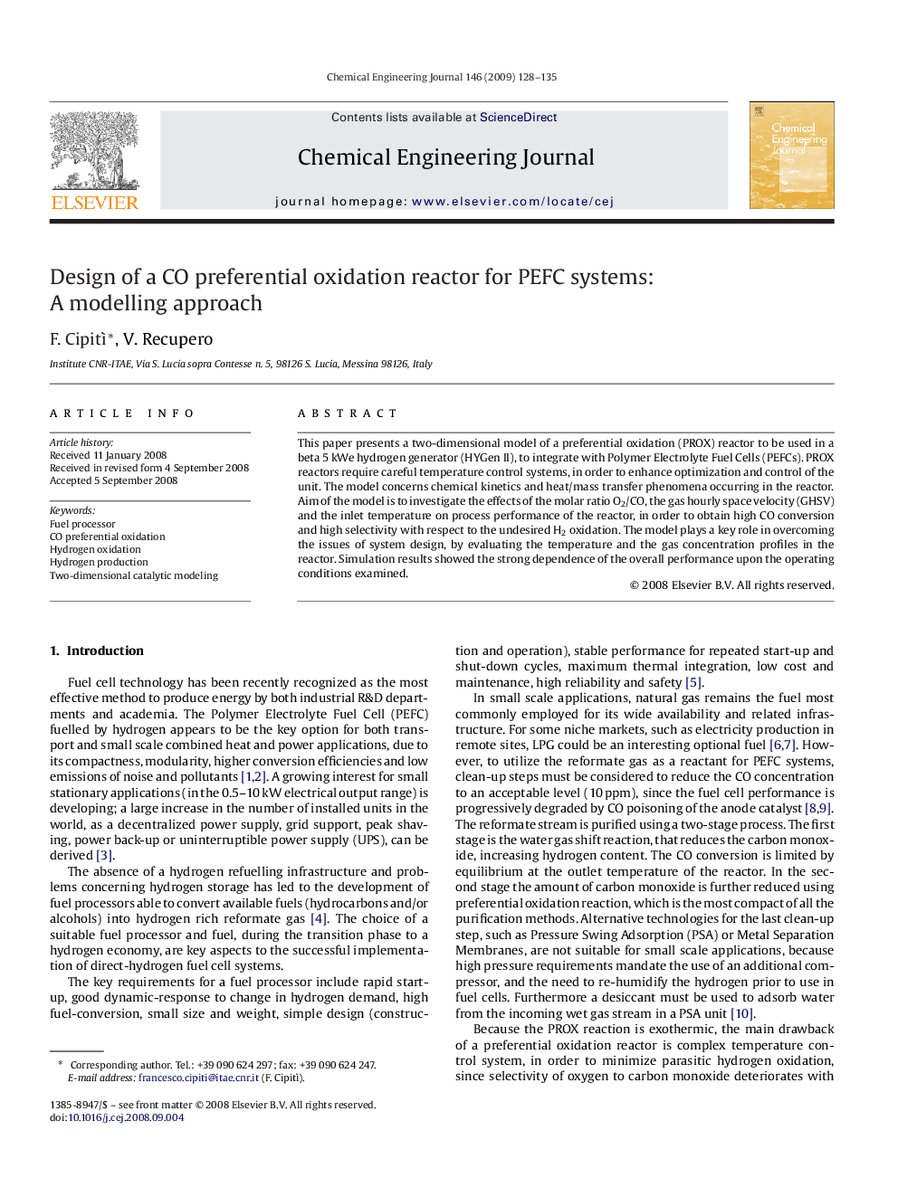 Design of a CO preferential oxidation reactor for PEFC systems: A modelling approach