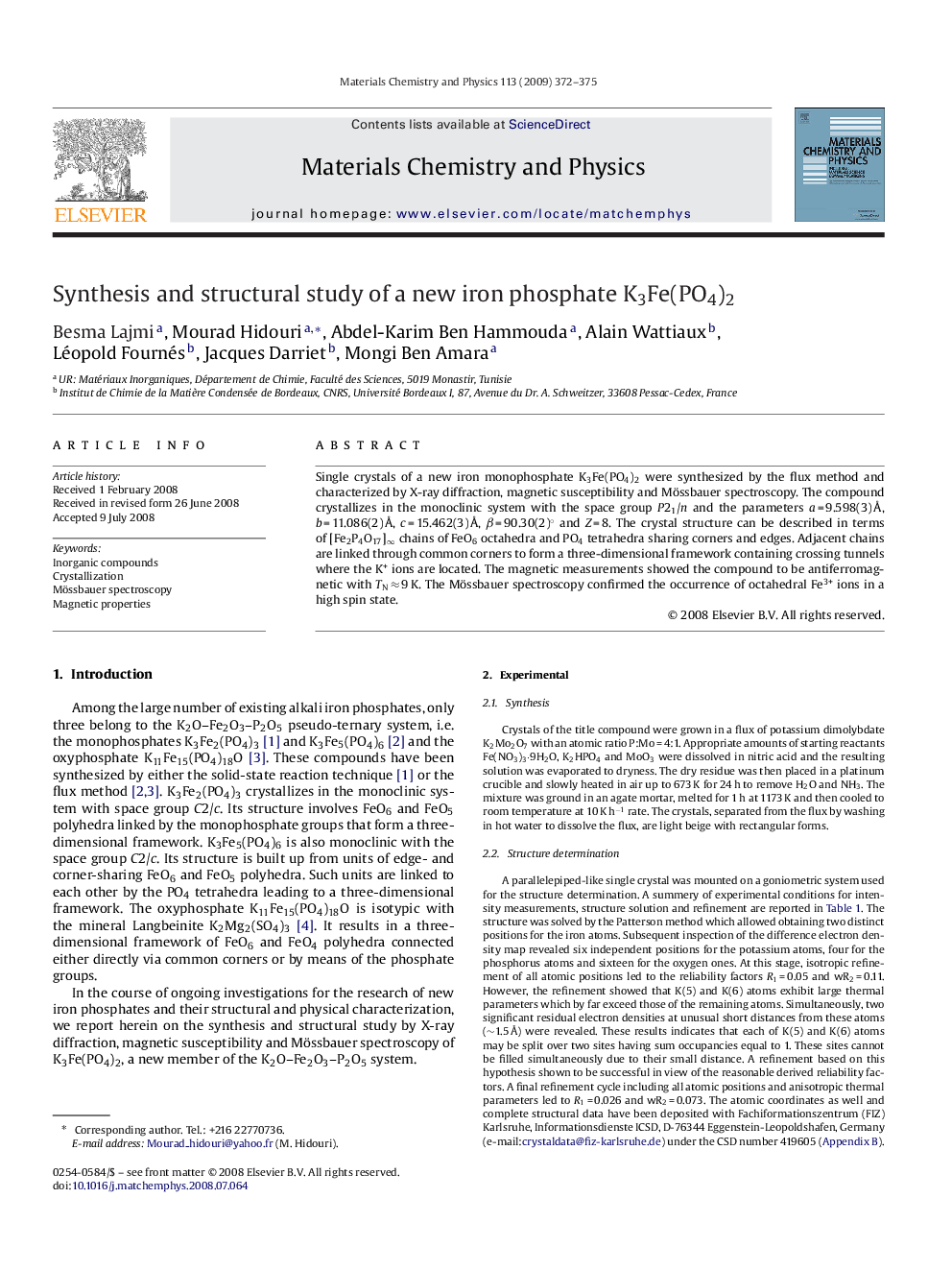 Synthesis and structural study of a new iron phosphate K3Fe(PO4)2