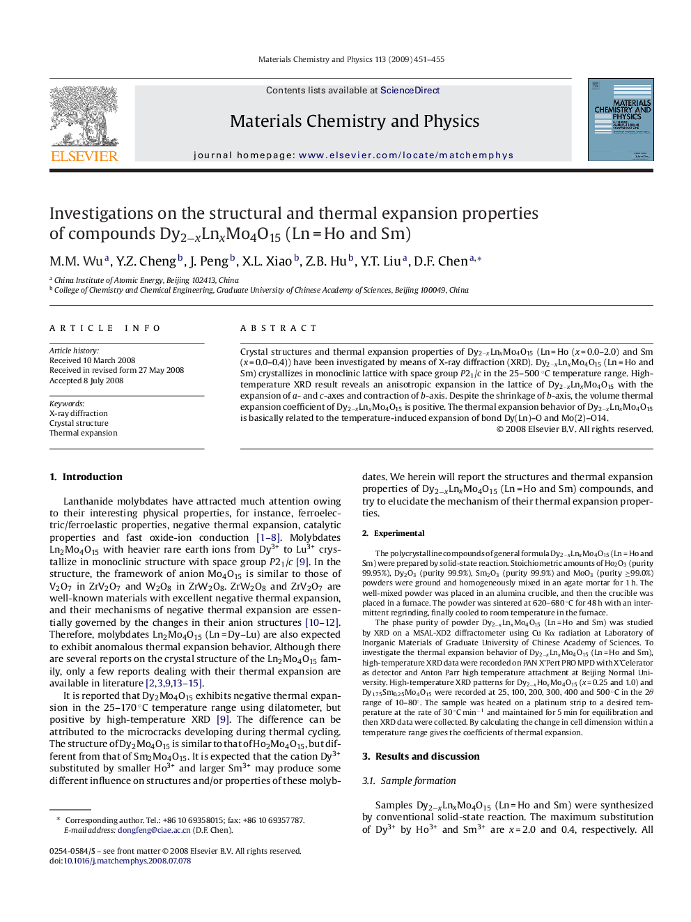 Investigations on the structural and thermal expansion properties of compounds Dy2âxLnxMo4O15 (LnÂ =Â Ho and Sm)