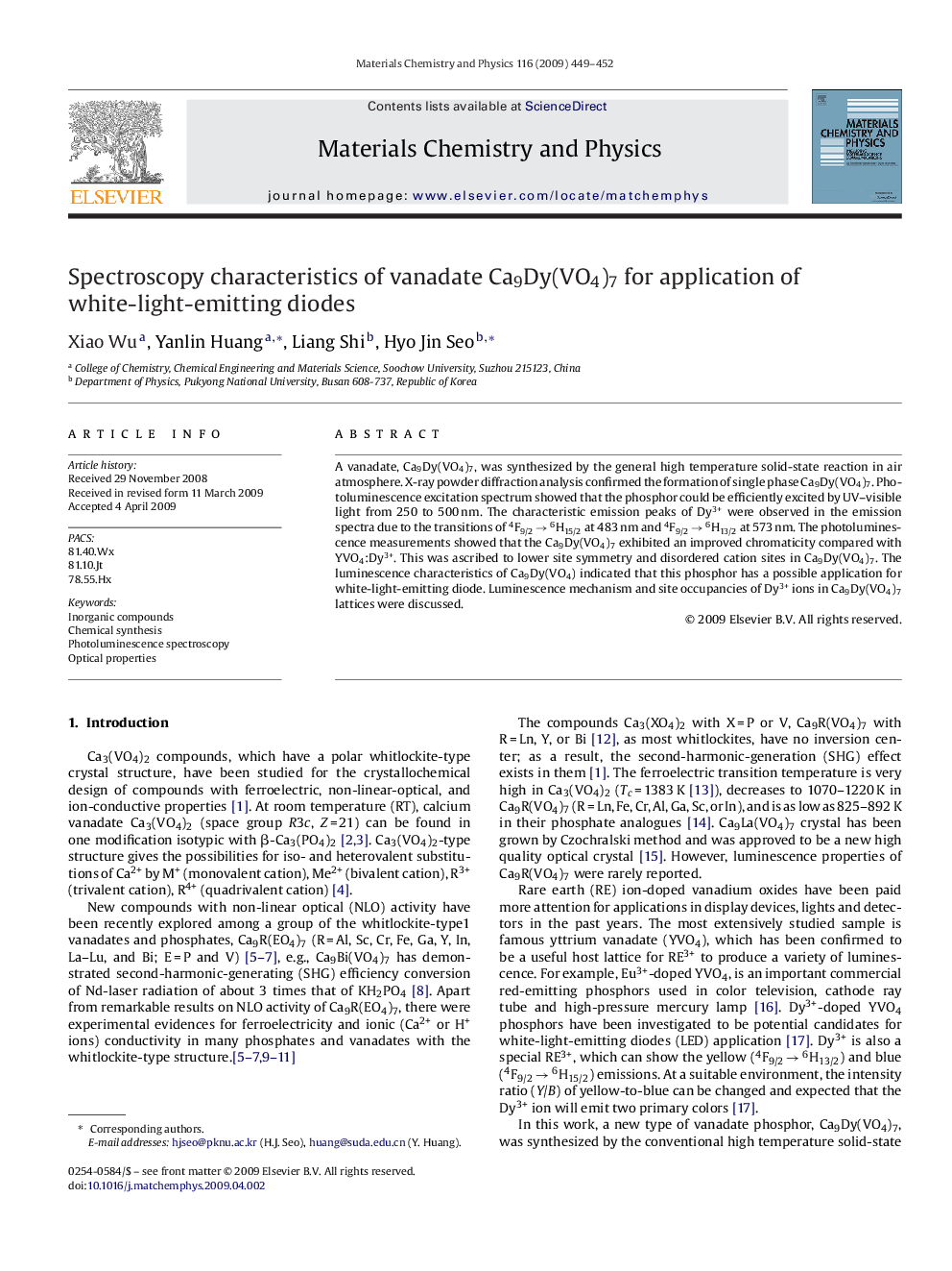 Spectroscopy characteristics of vanadate Ca9Dy(VO4)7 for application of white-light-emitting diodes