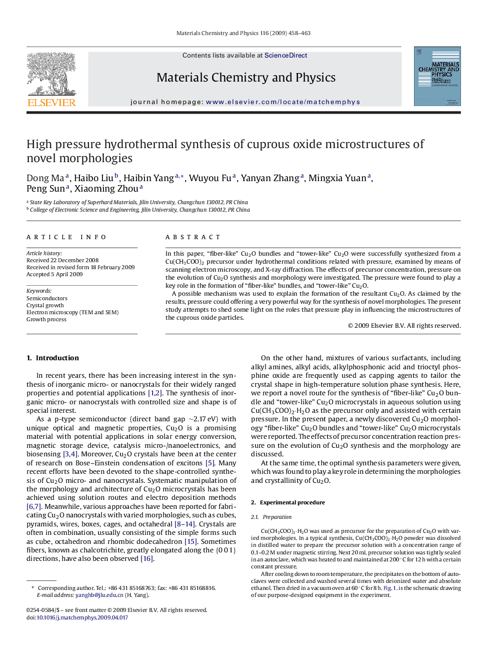 High pressure hydrothermal synthesis of cuprous oxide microstructures of novel morphologies