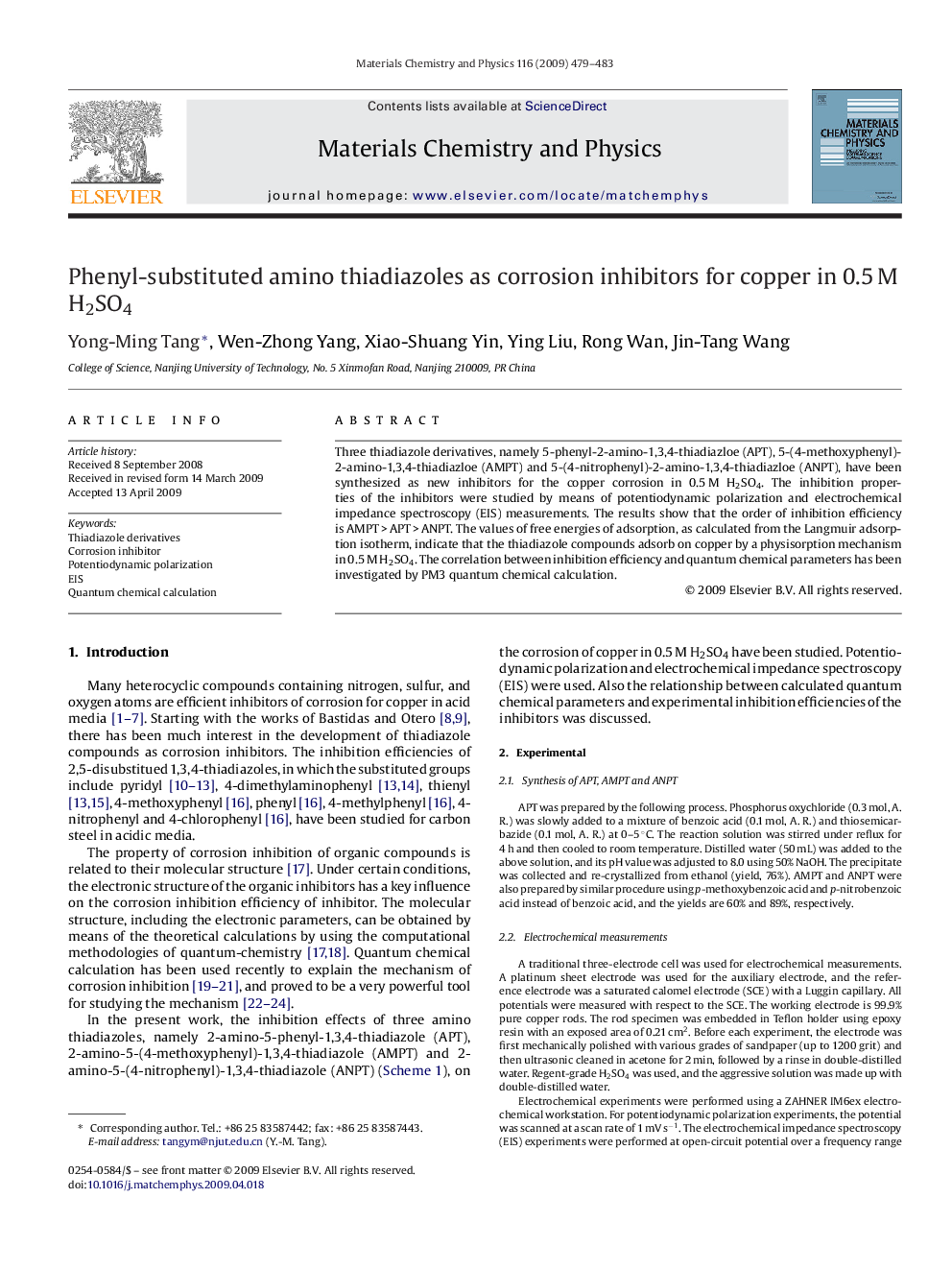 Phenyl-substituted amino thiadiazoles as corrosion inhibitors for copper in 0.5 M H2SO4