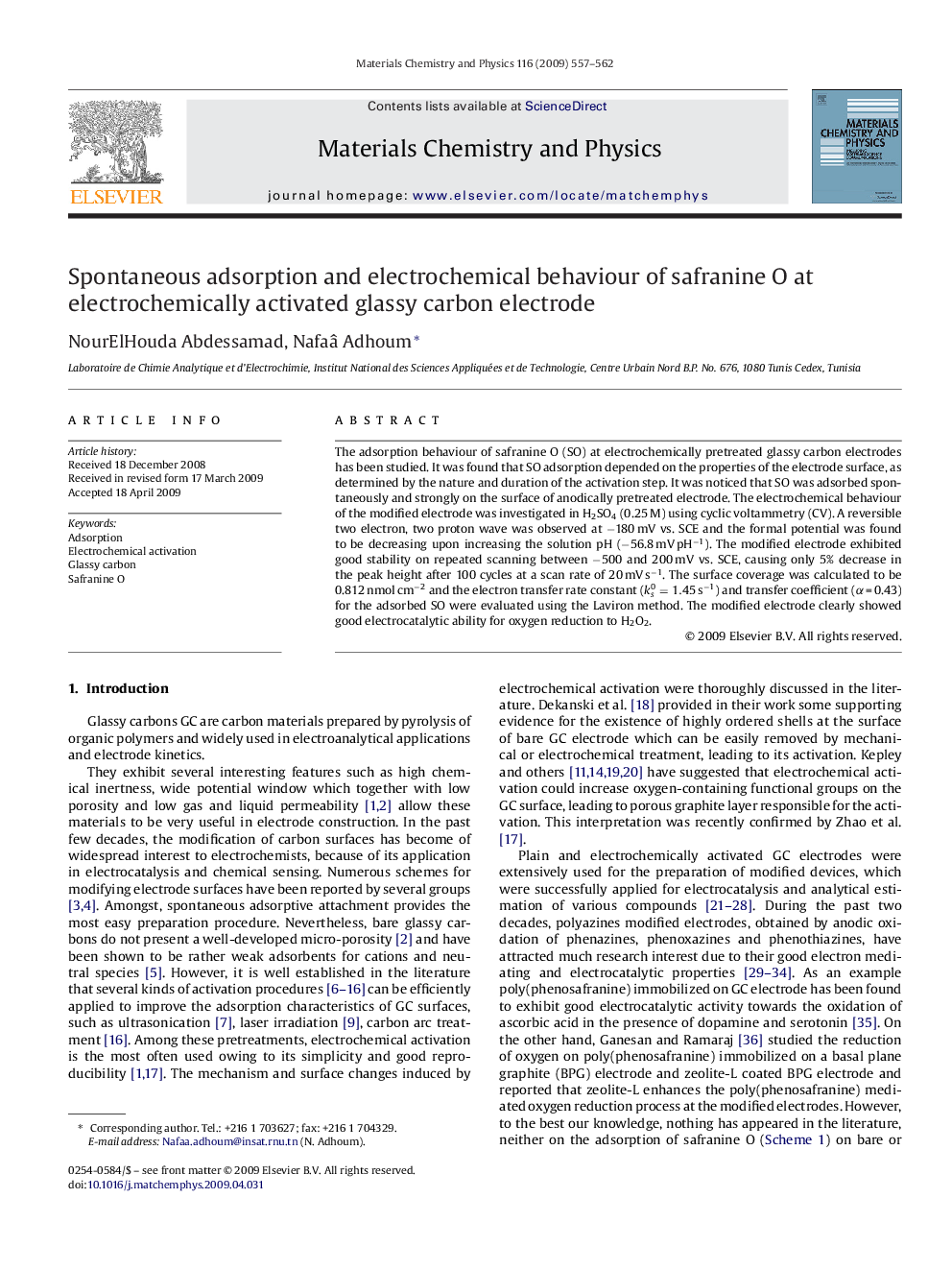 Spontaneous adsorption and electrochemical behaviour of safranine O at electrochemically activated glassy carbon electrode