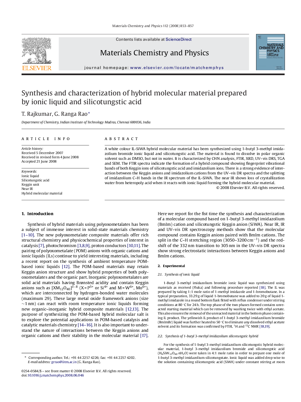 Synthesis and characterization of hybrid molecular material prepared by ionic liquid and silicotungstic acid