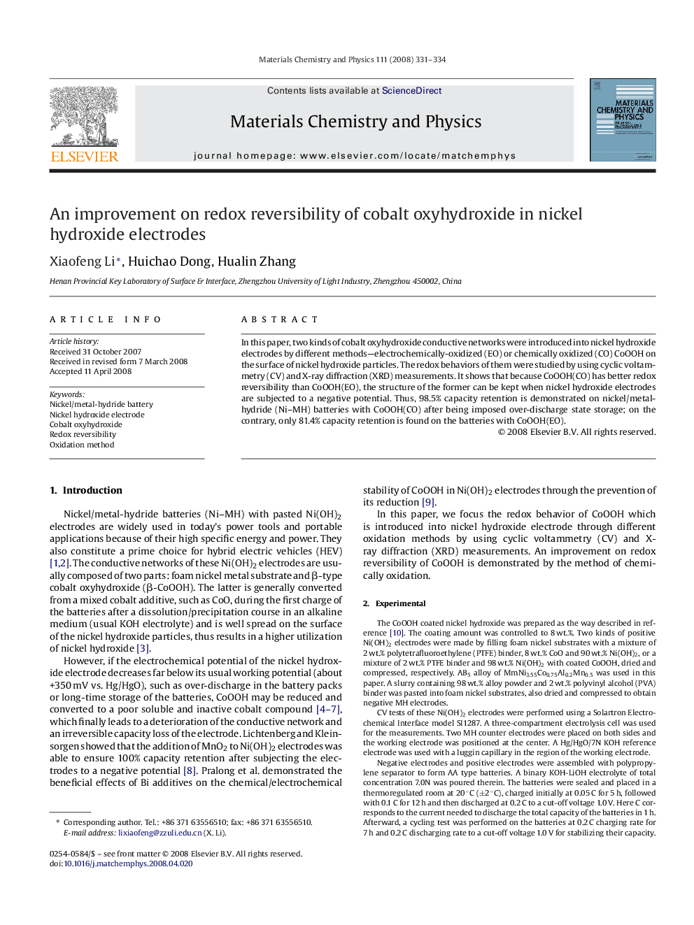 An improvement on redox reversibility of cobalt oxyhydroxide in nickel hydroxide electrodes